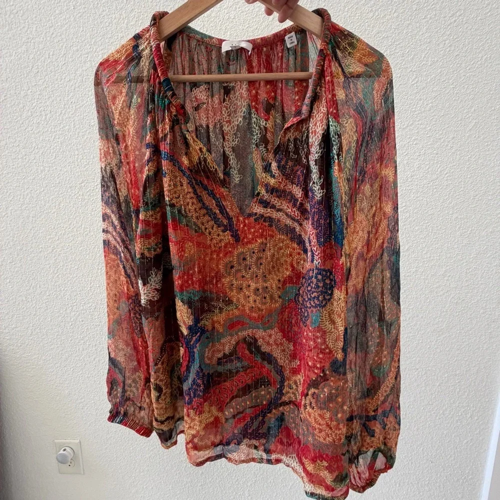 A.L.C. Top Women’s Multicolor Print Blouse Long Sleeve V-Neck $395 Size 6 - Picture 7 of 9